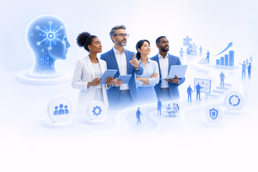 Leadership team guiding AI-enabled organisational change